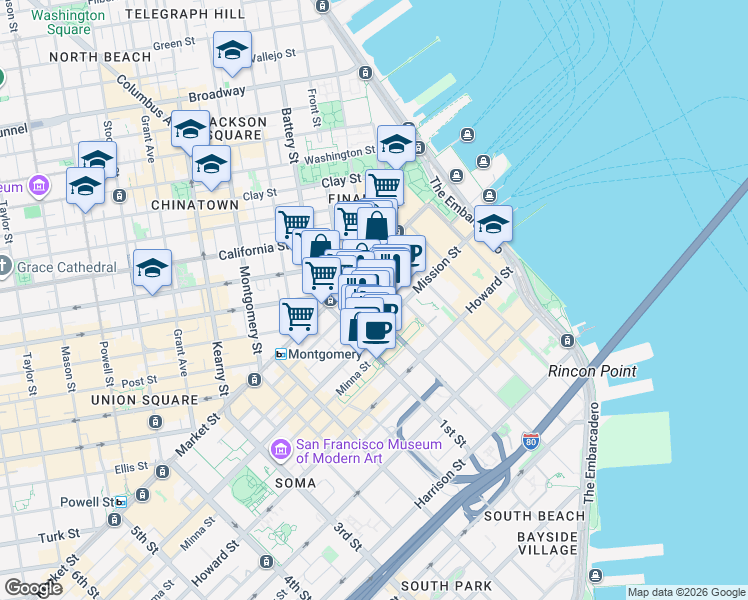 map of restaurants, bars, coffee shops, grocery stores, and more near 45 Fremont Street in San Francisco