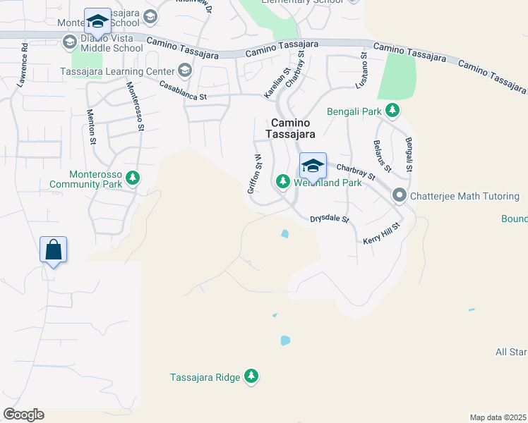 map of restaurants, bars, coffee shops, grocery stores, and more near 6116 Massara Street in Danville