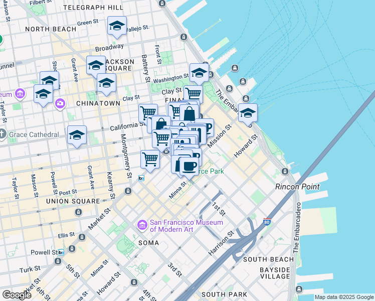 map of restaurants, bars, coffee shops, grocery stores, and more near 45 Fremont Street in San Francisco