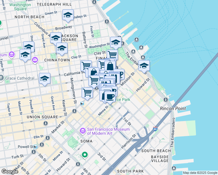 map of restaurants, bars, coffee shops, grocery stores, and more near 45 Fremont Street in San Francisco