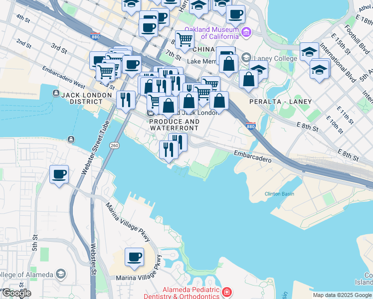 map of restaurants, bars, coffee shops, grocery stores, and more near 3 Embarcadero West in Oakland