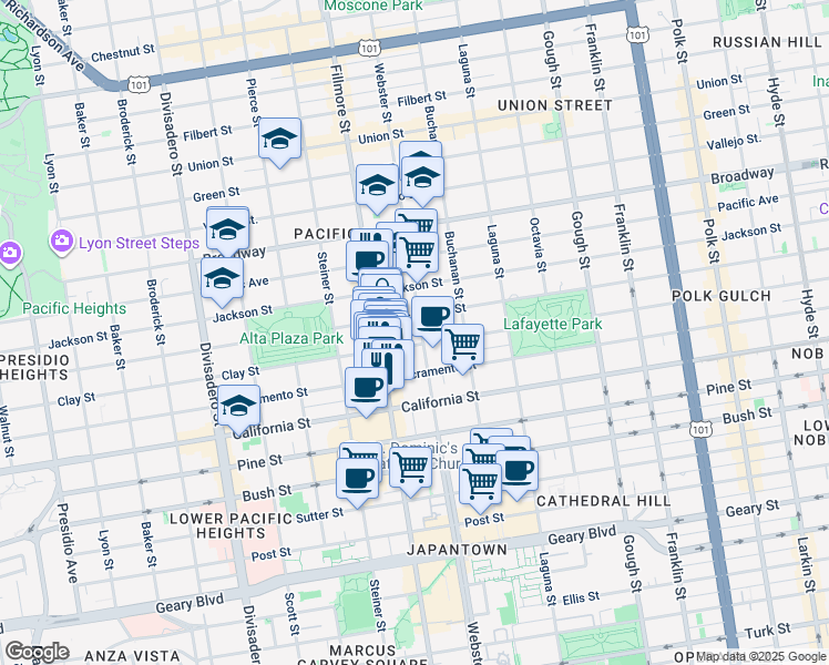map of restaurants, bars, coffee shops, grocery stores, and more near 2400 Clay Street in San Francisco
