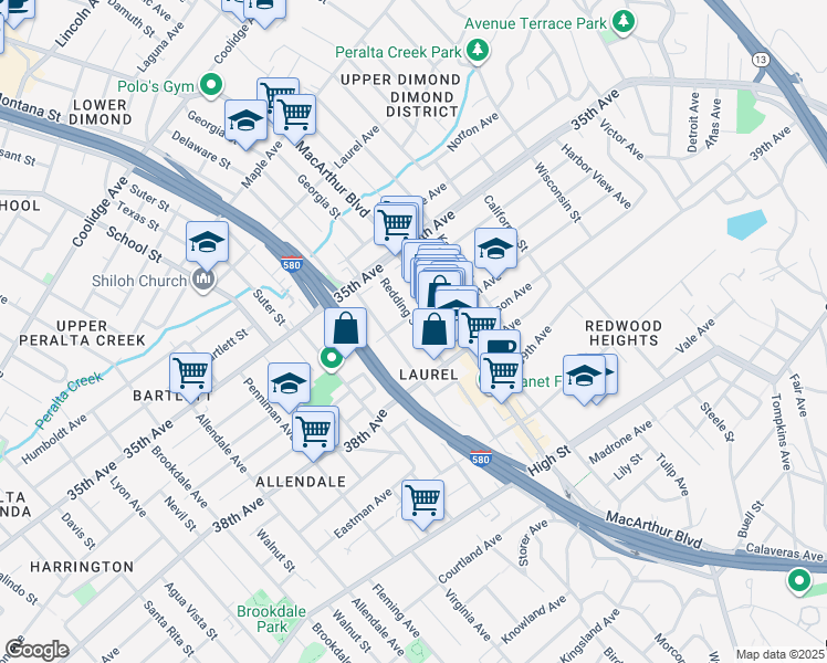 map of restaurants, bars, coffee shops, grocery stores, and more near 3719 Redding Street in Oakland