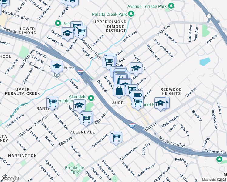 map of restaurants, bars, coffee shops, grocery stores, and more near 3719 Redding Street in Oakland