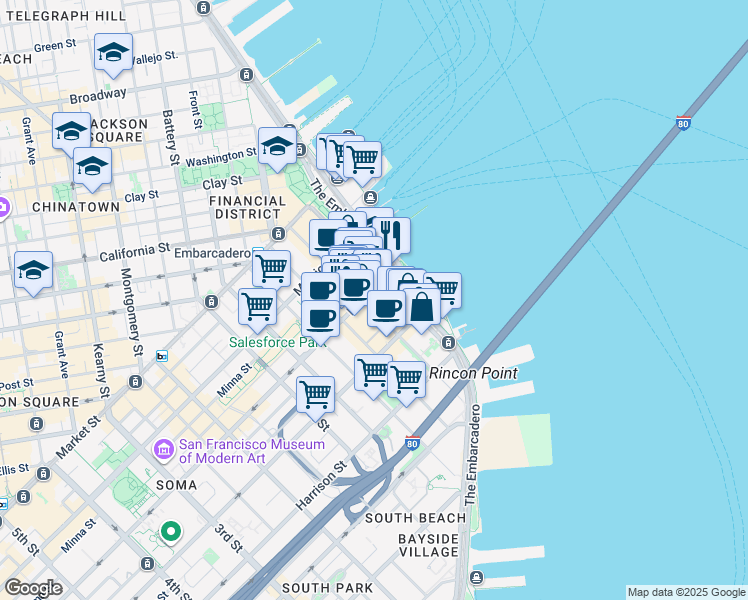 map of restaurants, bars, coffee shops, grocery stores, and more near 221 Main Street in San Francisco
