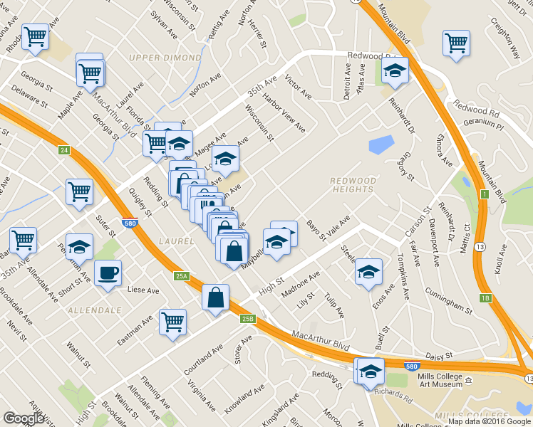map of restaurants, bars, coffee shops, grocery stores, and more near 3764 39th Avenue in Oakland