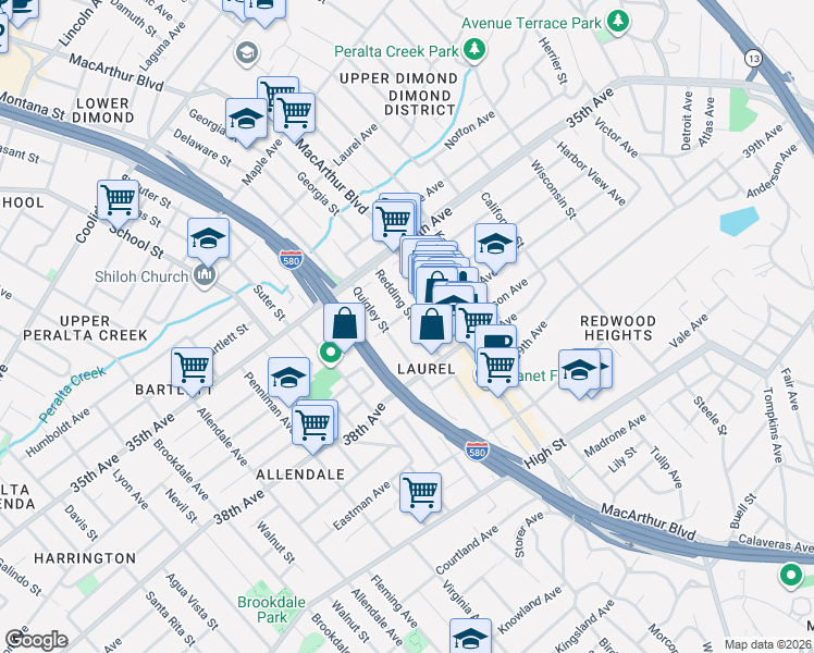 map of restaurants, bars, coffee shops, grocery stores, and more near 3718 Quigley Street in Oakland