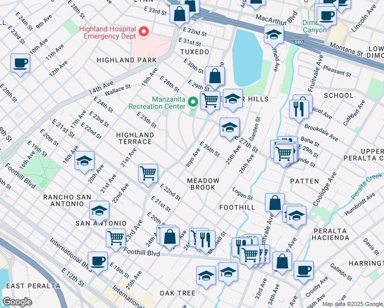 map of restaurants, bars, coffee shops, grocery stores, and more near 2449 Grande Vista Avenue in Oakland