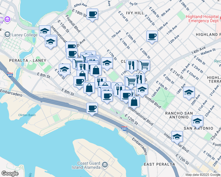map of restaurants, bars, coffee shops, grocery stores, and more near 1132 International Boulevard in Oakland