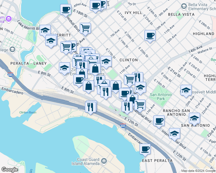 map of restaurants, bars, coffee shops, grocery stores, and more near 1132 International Boulevard in Oakland