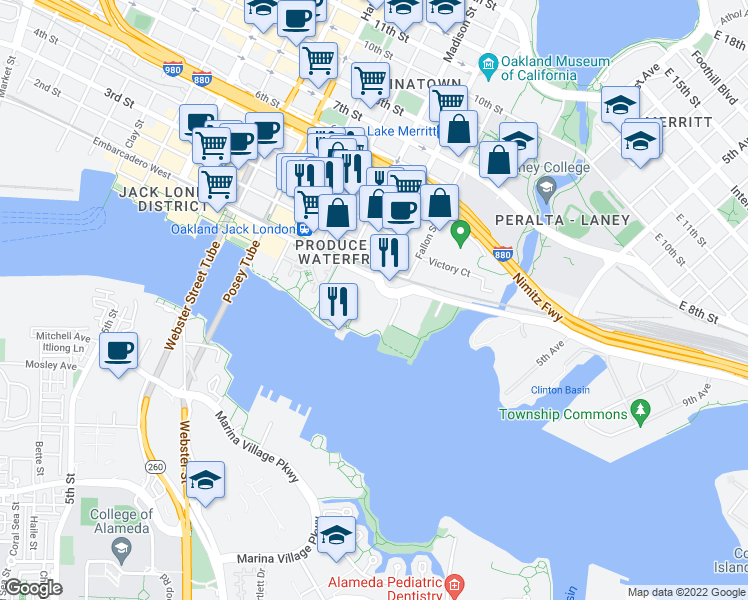 map of restaurants, bars, coffee shops, grocery stores, and more near 3 Embarcadero West in Oakland
