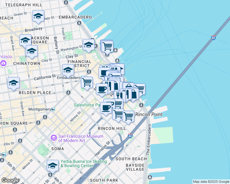 map of restaurants, bars, coffee shops, grocery stores, and more near 221 Main Street in San Francisco