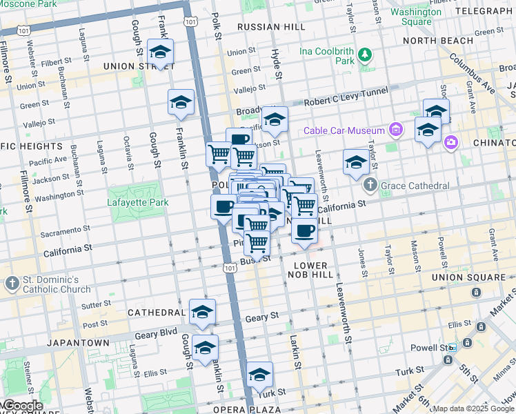 map of restaurants, bars, coffee shops, grocery stores, and more near 1574 California Street in San Francisco