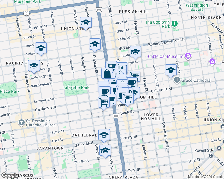 map of restaurants, bars, coffee shops, grocery stores, and more near 1750 Van Ness Avenue in San Francisco