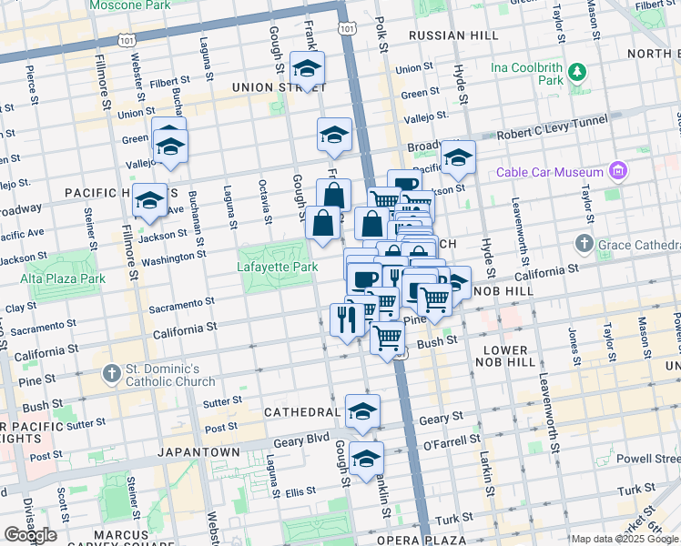 map of restaurants, bars, coffee shops, grocery stores, and more near 1700 Franklin Street in San Francisco