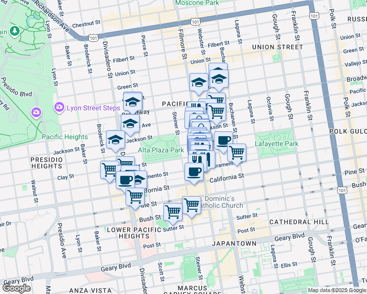 map of restaurants, bars, coffee shops, grocery stores, and more near 2336 Steiner Street in San Francisco