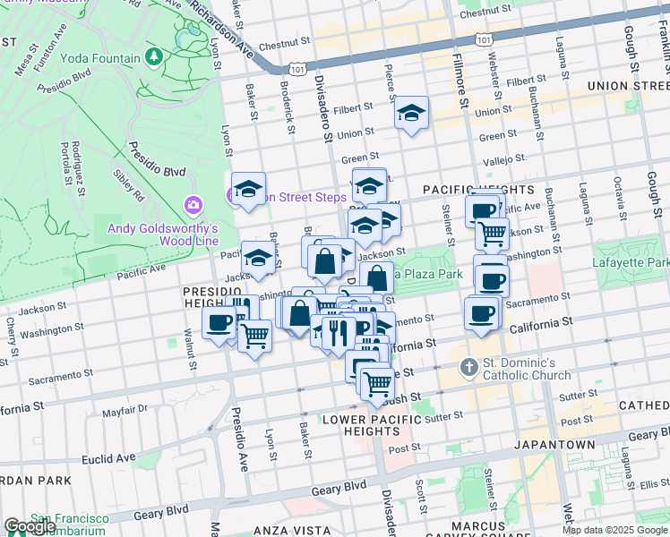 map of restaurants, bars, coffee shops, grocery stores, and more near 2970 Washington Street in San Francisco