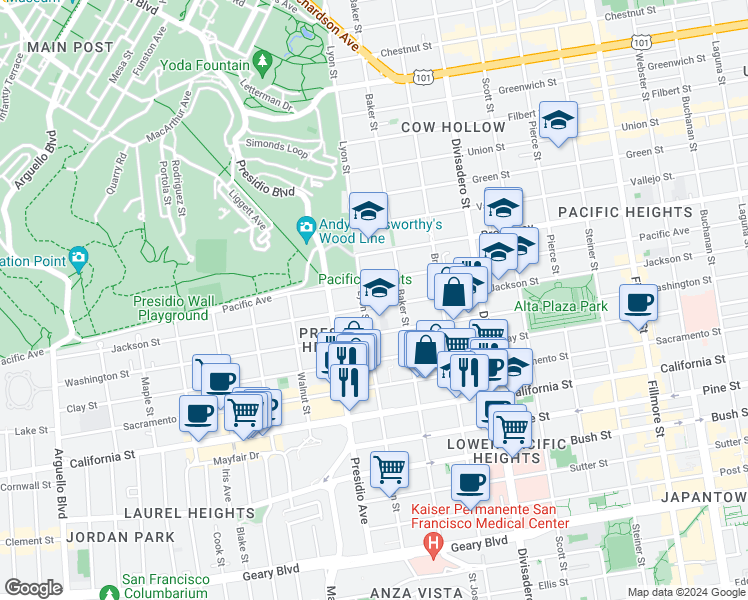 map of restaurants, bars, coffee shops, grocery stores, and more near 3011 Jackson Street in San Francisco