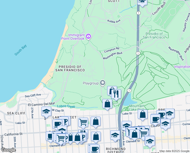 map of restaurants, bars, coffee shops, grocery stores, and more near 1541 Pershing Drive in San Francisco