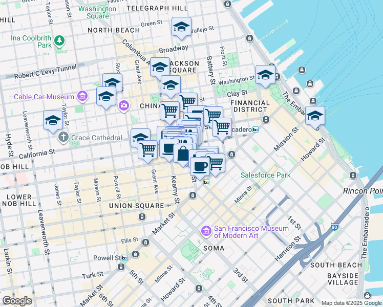 map of restaurants, bars, coffee shops, grocery stores, and more near 220 Montgomery Street in San Francisco