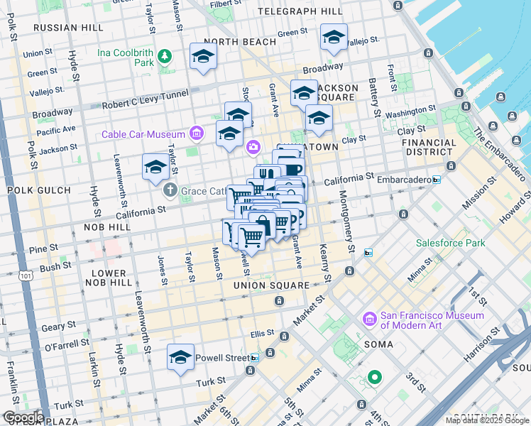 map of restaurants, bars, coffee shops, grocery stores, and more near Pine St & Stockton St in San Francisco