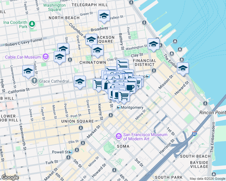 map of restaurants, bars, coffee shops, grocery stores, and more near 220 Montgomery Street in San Francisco