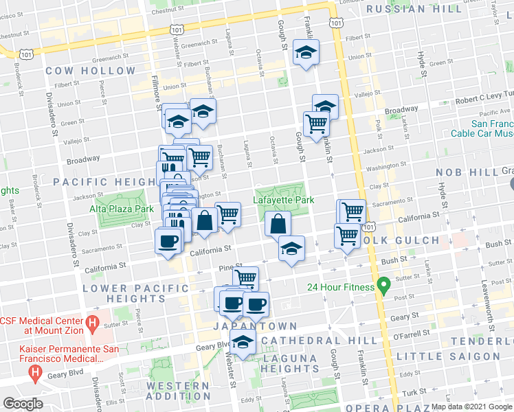 map of restaurants, bars, coffee shops, grocery stores, and more near Clay St & Laguna St in San Francisco