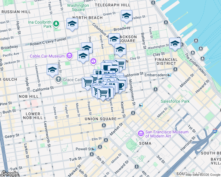 map of restaurants, bars, coffee shops, grocery stores, and more near 433 Grant Avenue in San Francisco