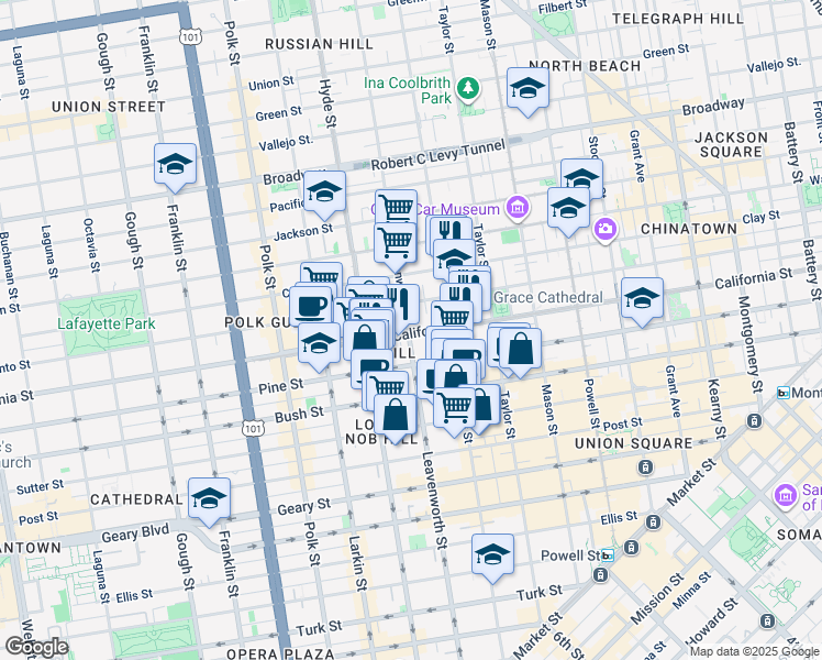 map of restaurants, bars, coffee shops, grocery stores, and more near 1298 California Street in San Francisco
