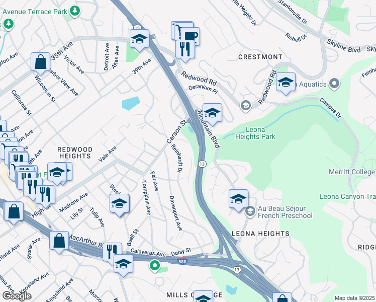 map of restaurants, bars, coffee shops, grocery stores, and more near 4449 Mattis Court in Oakland