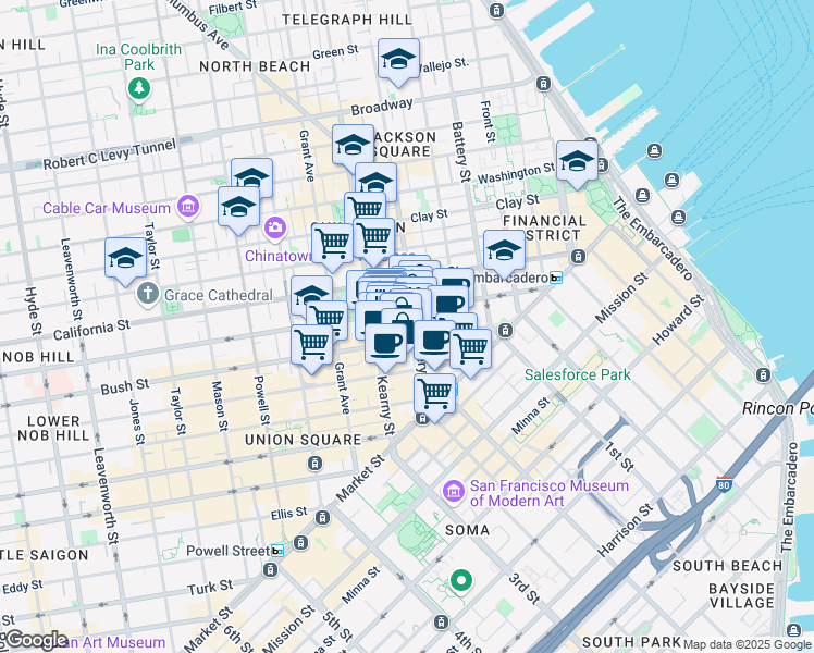 map of restaurants, bars, coffee shops, grocery stores, and more near 235 Montgomery Street in San Francisco