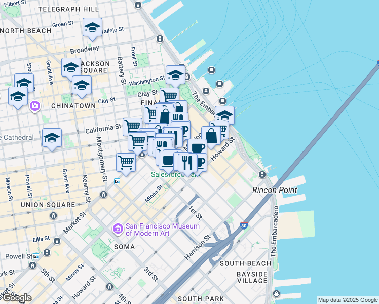 map of restaurants, bars, coffee shops, grocery stores, and more near 201 Mission Street in San Francisco
