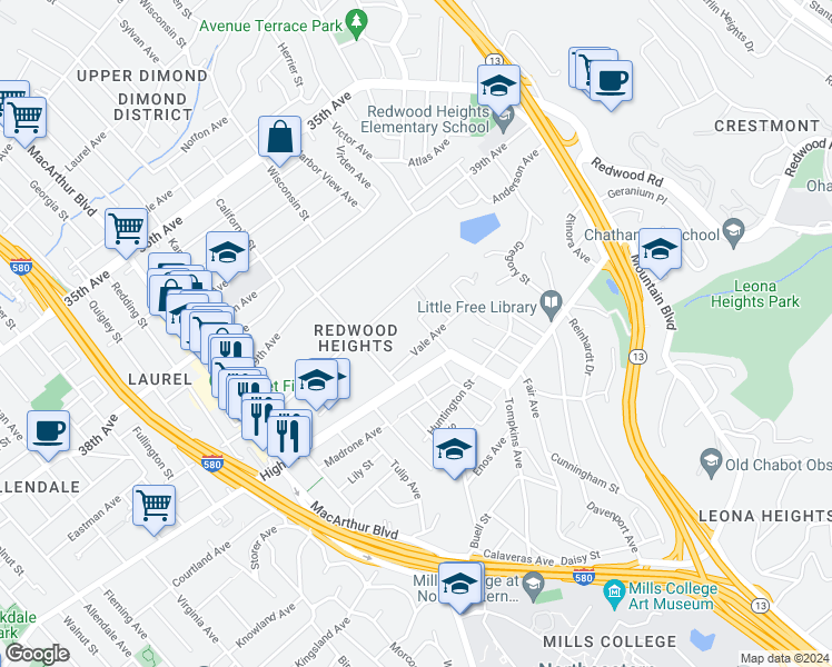 map of restaurants, bars, coffee shops, grocery stores, and more near 3943 Vale Ave in Oakland
