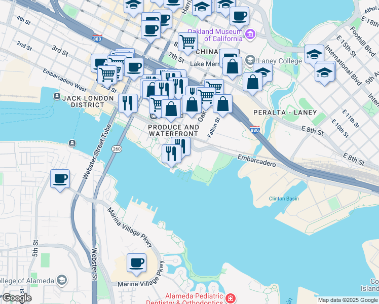 map of restaurants, bars, coffee shops, grocery stores, and more near 5 Embarcadero West in Oakland