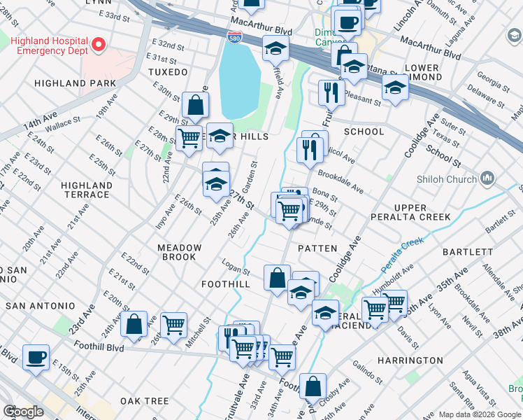 map of restaurants, bars, coffee shops, grocery stores, and more near 2700 26th Avenue in Oakland