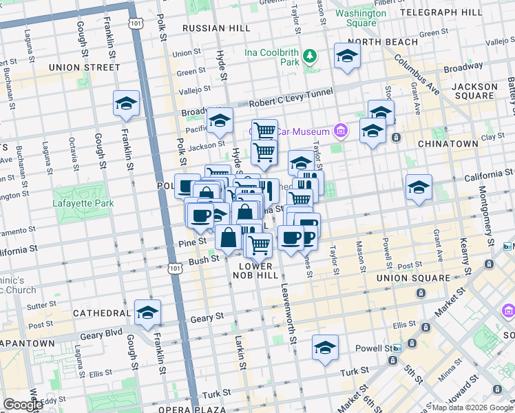 map of restaurants, bars, coffee shops, grocery stores, and more near 1398 California Street in San Francisco