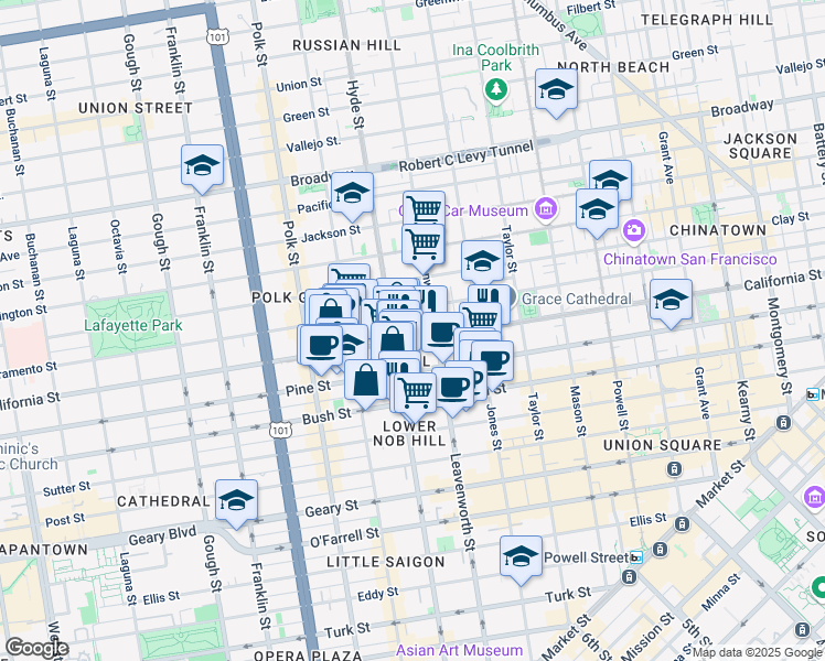 map of restaurants, bars, coffee shops, grocery stores, and more near 1398 California Street in San Francisco