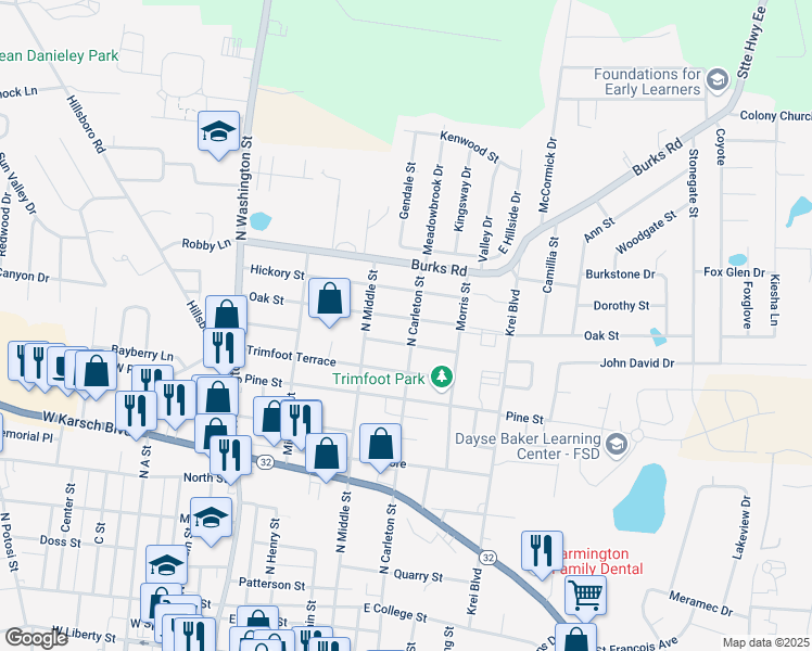 map of restaurants, bars, coffee shops, grocery stores, and more near 305 Spruce Street in Farmington