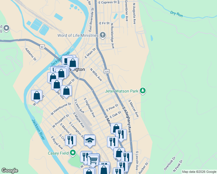 map of restaurants, bars, coffee shops, grocery stores, and more near 343 East Prospect Street in Covington
