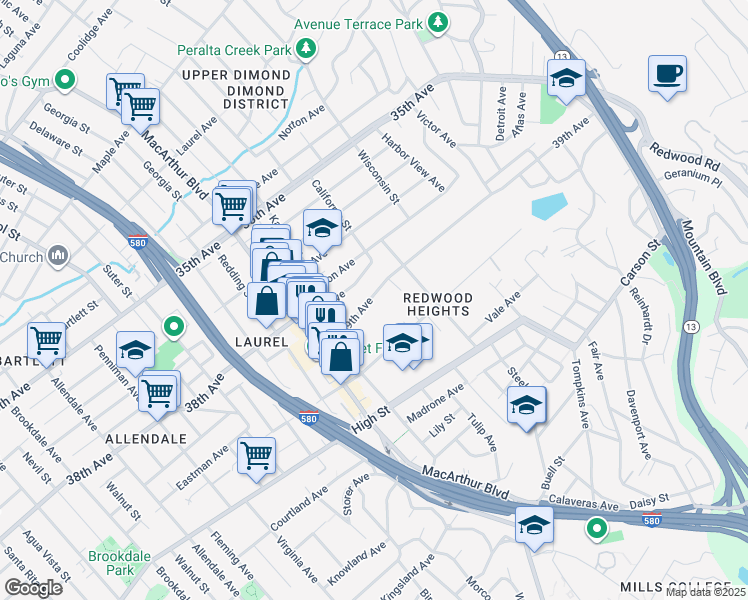 map of restaurants, bars, coffee shops, grocery stores, and more near 3764 39th Avenue in Oakland