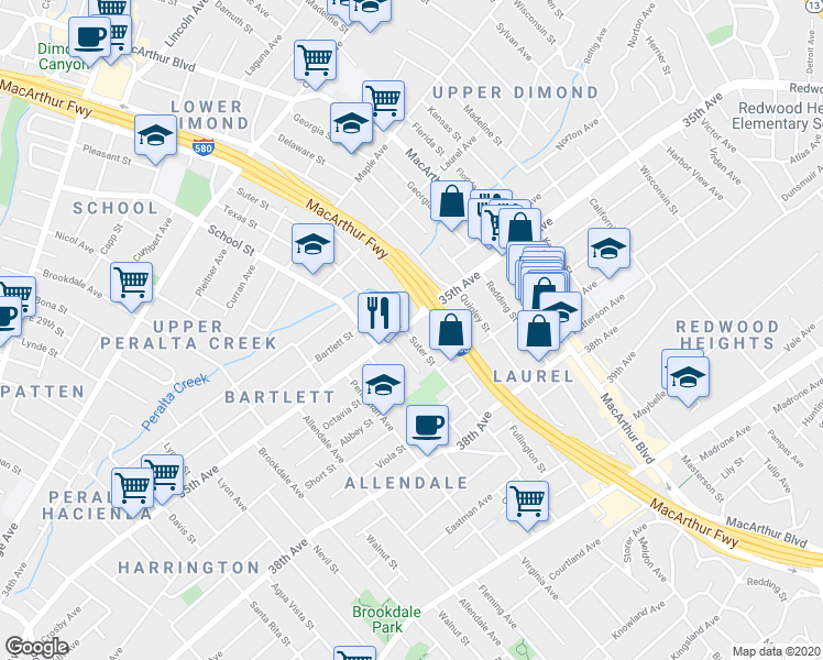 map of restaurants, bars, coffee shops, grocery stores, and more near 3311 Octavia Street in Oakland
