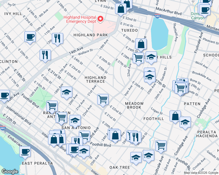 map of restaurants, bars, coffee shops, grocery stores, and more near 2201 East 24th Street in Oakland