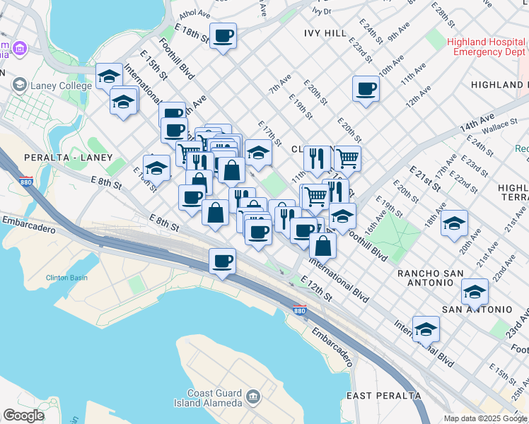 map of restaurants, bars, coffee shops, grocery stores, and more near 1132 International Boulevard in Oakland