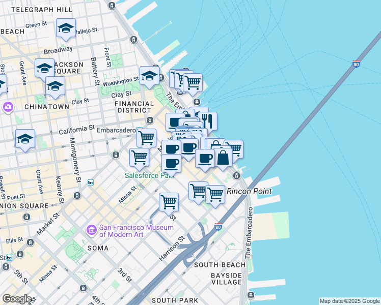 map of restaurants, bars, coffee shops, grocery stores, and more near 221 Main Street in San Francisco