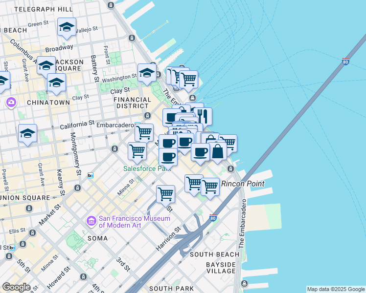 map of restaurants, bars, coffee shops, grocery stores, and more near 221 Main Street in San Francisco