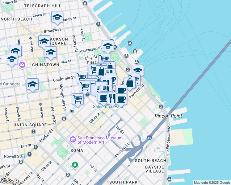map of restaurants, bars, coffee shops, grocery stores, and more near 201 Mission Street in San Francisco