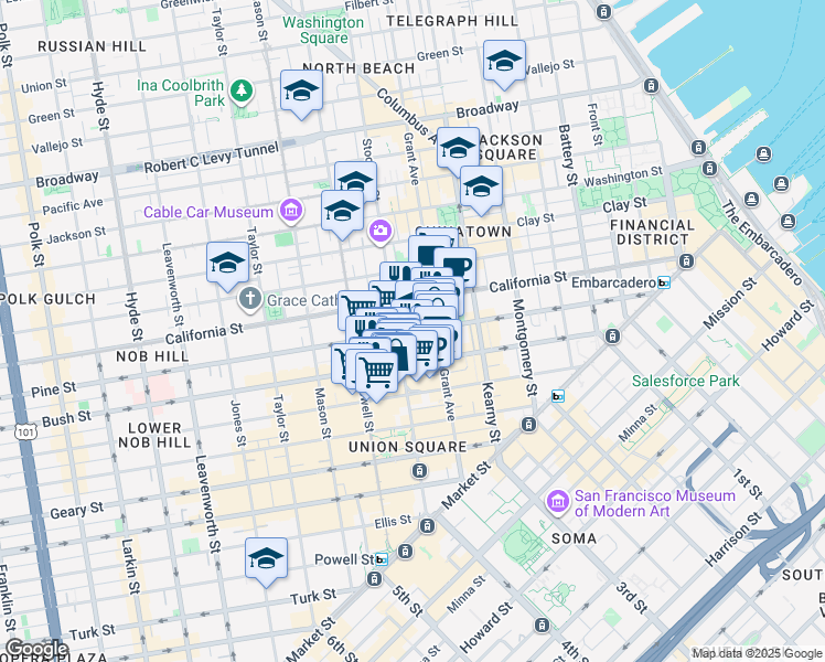 map of restaurants, bars, coffee shops, grocery stores, and more near 701 Pine Street in San Francisco