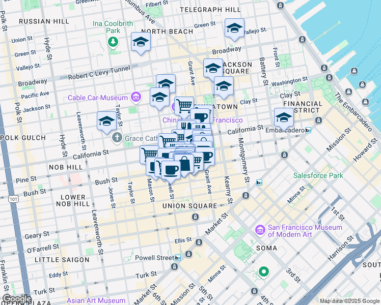 map of restaurants, bars, coffee shops, grocery stores, and more near 701 Pine Street in San Francisco