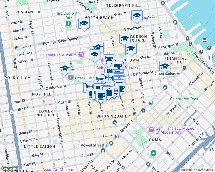 map of restaurants, bars, coffee shops, grocery stores, and more near 701 Pine Street in San Francisco