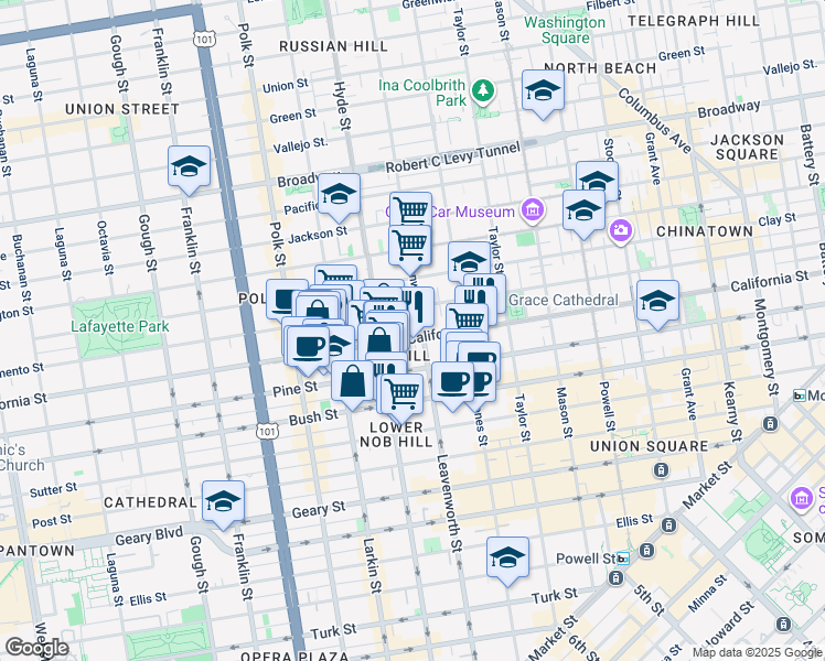 map of restaurants, bars, coffee shops, grocery stores, and more near 1398 California Street in San Francisco